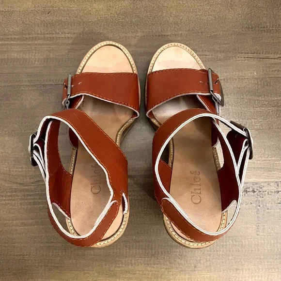Chloe Wood Heel Wedge Sandals 38.5 - Picture 4 of 11